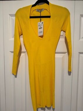 Zara Bright Yellow Ribbed V-Neck Long Sleeve Dress
